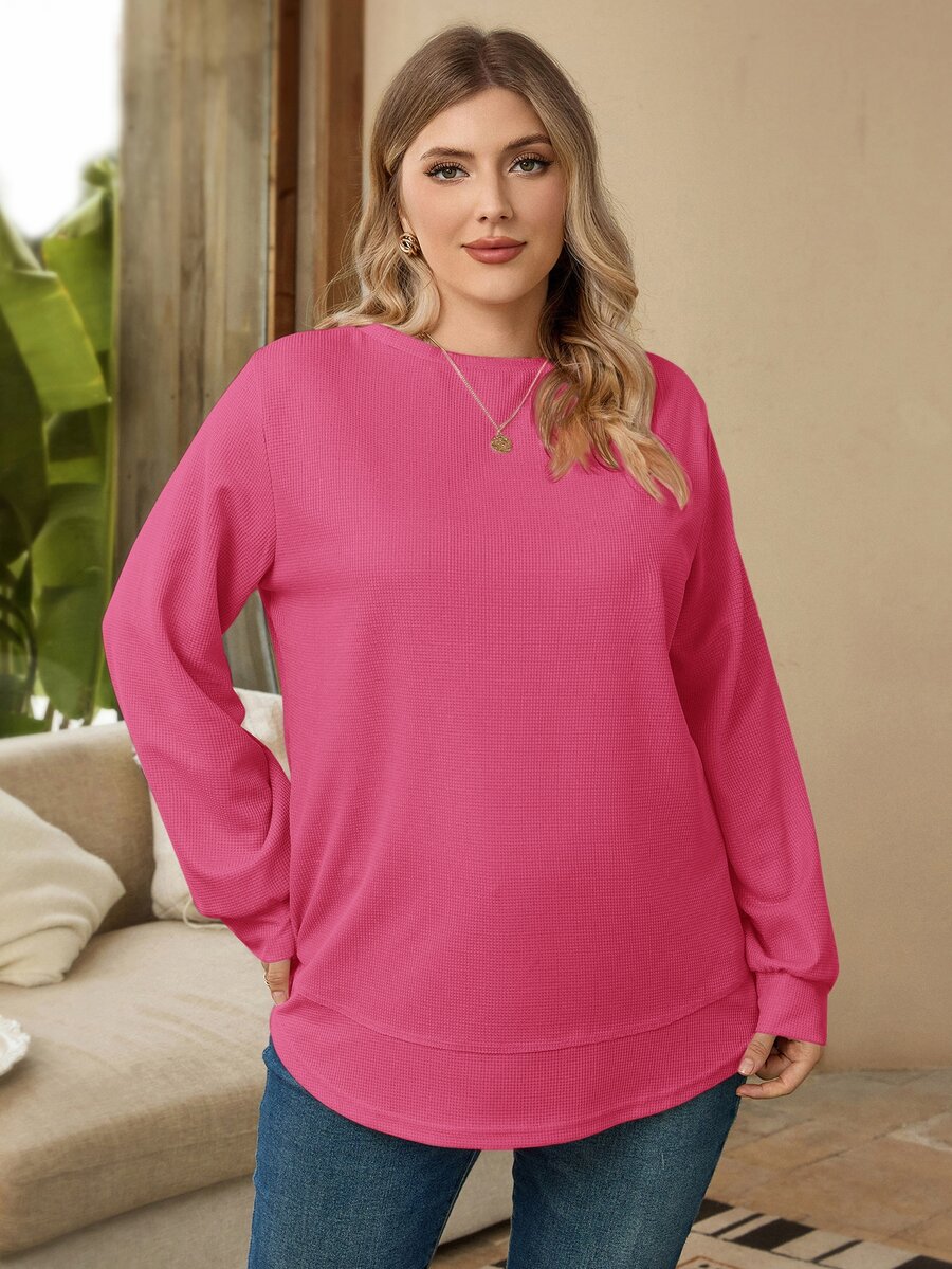 EMERY ROSE Plus Size Women's Solid Color Round Neck Long Sleeve Casual Loose Sweatshirt, Winter,New Year Fall - Hot Pink - View 1