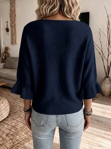 SHEIN LUNE 優雅休閒純色荷葉邊針織蝙蝠袖套衫 復古套頭衫 早午餐秋季服飾 2026 秋冬現代鄉村風衣著 - 寶藍色 - 查看 2