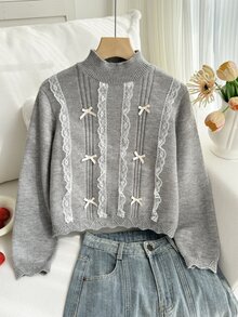 Tween Girl Contrast Lace Bow Decor Long Sleeve Sweater - Light Grey - View 1