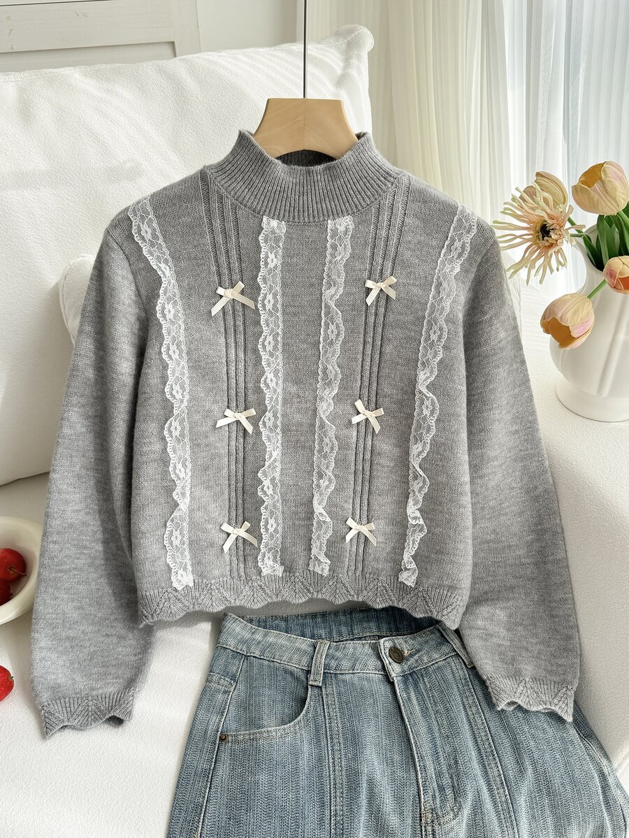 Tween Girl Contrast Lace Bow Decor Long Sleeve Sweater - Light Grey - View 1