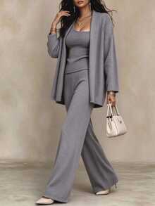 LUMIGAL Women's Solid Color Dropped Shoulder Long Sleeve Jacket, One Shoulder Sleeveless Top And Pants Casual Set - Grey - View 3