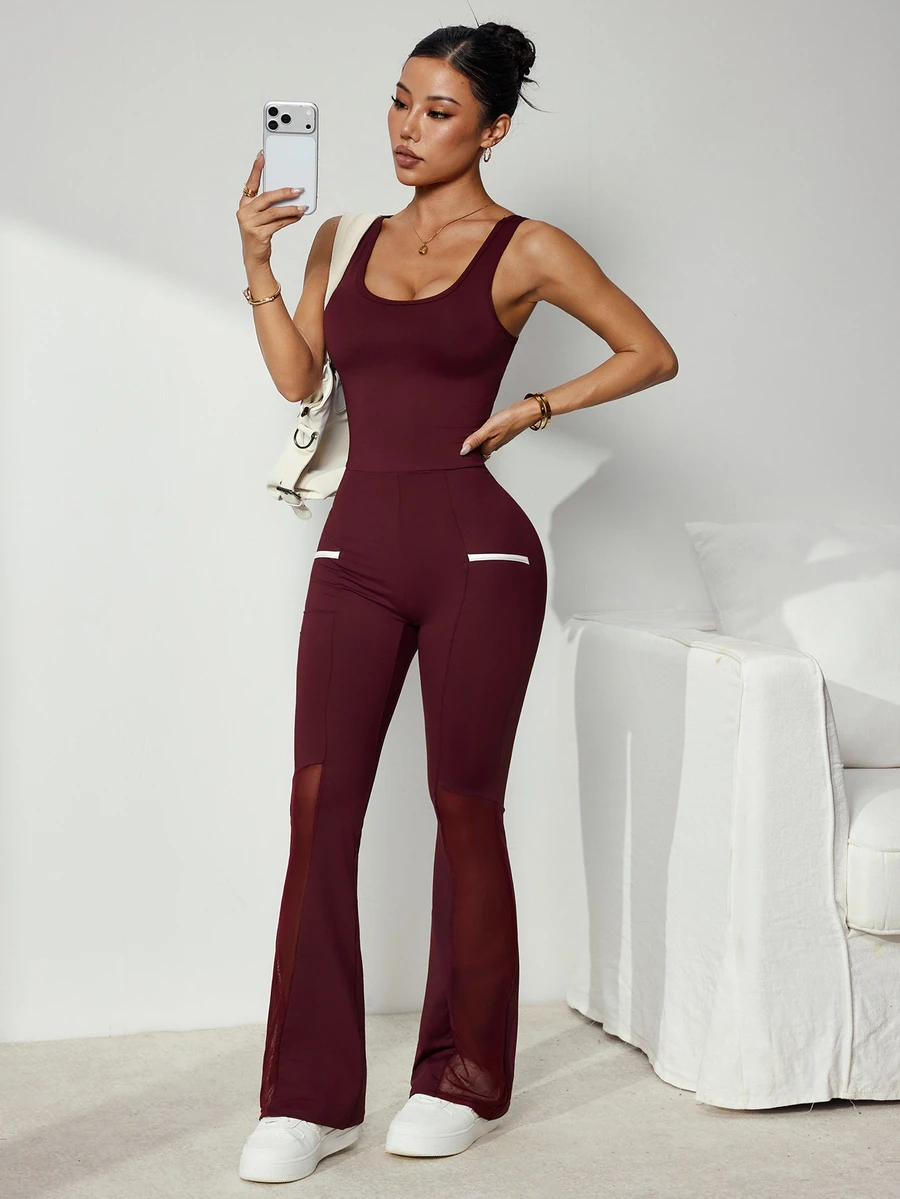 Slayform Women's Colorblock Back Cutout Sleeveless Flared Leg Jumpsuit - Burgundy - View 1