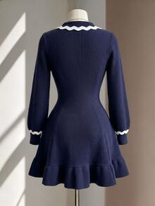 Sprig & Strand Women's Colorblock Wavy Ruffle Knit Dress, Autumn Vintage Lapel Single-Breasted Cinched Waist Ruffle Long Sleeve Short Dress - Navy Blue - View 2