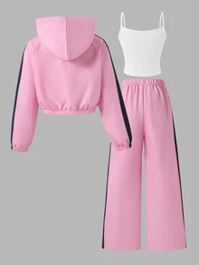 SHEIN 青少年女孩秋季套裝 3件/套，連帽長袖開襟短版拉鍊夾克，白色滾邊與織帶飾邊 - 彩色 - 查看 2