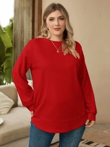 EMERY ROSE Plus Size Women's Solid Color Round Neck Long Sleeve Casual Loose Sweatshirt, Winter,New Year Fall - Red - View 1