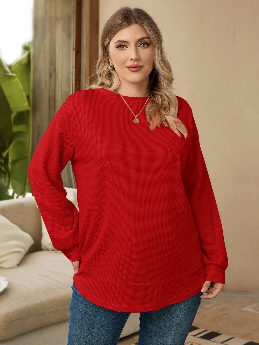 EMERY ROSE Plus Size Women's Solid Color Round Neck Long Sleeve Casual Loose Sweatshirt, Winter,New Year Fall - Red - View 1