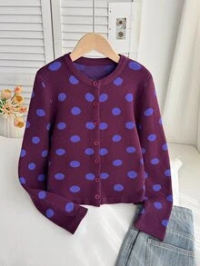 Tween Girl Polka Dot Long Sleeve Single-Breasted Casual Knit Cardigan - Multicolor - View 4