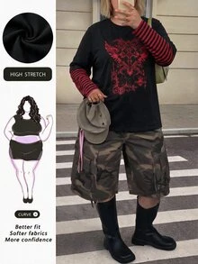 SHEIN CURVE+ تي شيرت مقاس كبير كاجوال خريفي مخطط مع رقعة وطبعة أجنحة 2 في 1 للهالوين والخريف - متعدد الألوان - مشاهدة 7