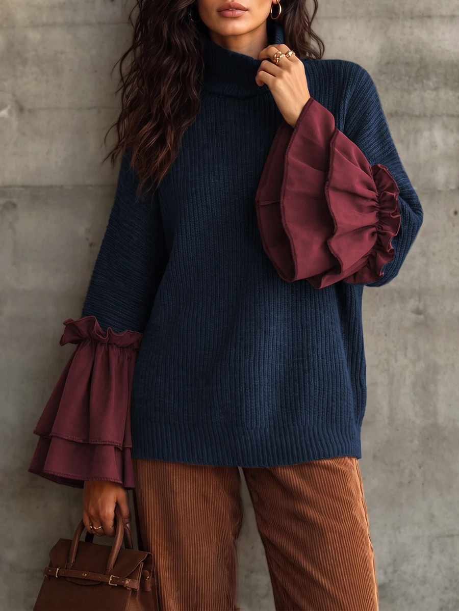 SHEIN LUNE 女款粗針條紋高領寬鬆套頭毛衣,拼接雙層荷葉邊喇叭袖口與蝙蝠袖 - 彩色 - 查看 1