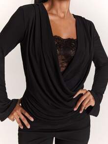SHEIN BAE Women's Black Sexy Bell Sleeve Lace Patchwork Top - Black - View 7