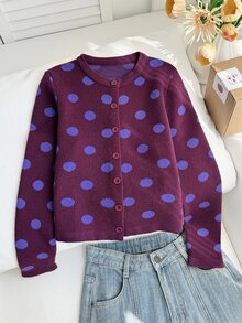 Tween Girl Polka Dot Long Sleeve Single-Breasted Casual Knit Cardigan - Multicolor - View 5