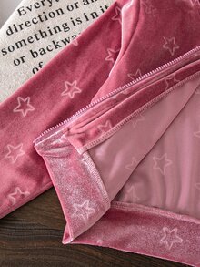 SHEIN Girls' Pink Star Embossed Outfit, Hooded Zip-Up Jacket With Matching Fabric Flared Pants, Suitable For Back To School, School, Daily Wear In Autumn/Winter, Complete Outfit For Effortless Girly Style - Pink - View 6