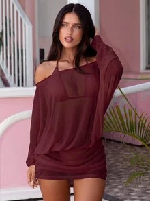 Bonvoyette 2026春夏女款露肩長袖抓皺酒紅色海灘度假罩衫洋裝 - 酒紅色 - 查看 6