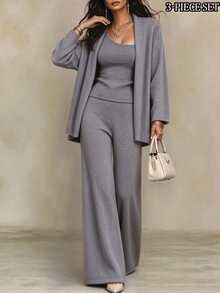 LUMIGAL Women's Solid Color Dropped Shoulder Long Sleeve Jacket, One Shoulder Sleeveless Top And Pants Casual Set - Grey - View 4
