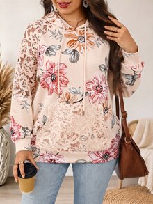 EMERY ROSE 女款大尺碼花卉印花蕾絲拼接抽繩連帽衛衣，秋季蕾絲飾邊休閒優雅早午餐正式款 - 杏色 - 查看 2