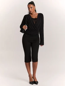 SHEIN BAE Women's Black Sexy Bell Sleeve Lace Patchwork Top - Black - View 3