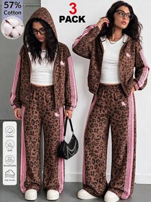 SHEIN 3件組女孩青少年休閒套裝，秋季穿搭，秋季上衣，白色連帽長袖拉鍊運動衫，馬匹圖案 - 彩色 - 查看 1