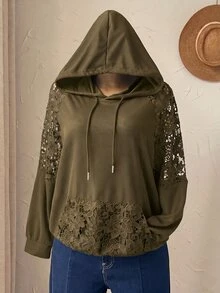 Rusticease Sweatshirt Ukuran Besar Warna Polos dengan Patchwork Renda untuk Musim Gugur, Acara Malam Formal, Pesta Malam, Kasual Elegan, Warna Hitam, Cocok untuk Halloween - Olive Green - View 6