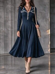 Ceyna Plus Size Women's French Casual Elegant Autumn/Winter Long Sleeve Dress Fall - Navy Blue - View 5