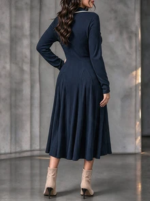 Ceyna Plus Size Women's French Casual Elegant Autumn/Winter Long Sleeve Dress Fall - Navy Blue - View 2