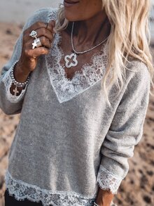 LanaWest Women's Elegant Romantic V-Neck Lace Patchwork Sweater - Multicolor - View 2