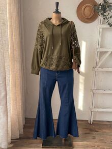Rusticease Sweatshirt Ukuran Besar Warna Polos dengan Patchwork Renda untuk Musim Gugur, Acara Malam Formal, Pesta Malam, Kasual Elegan, Warna Hitam, Cocok untuk Halloween - Olive Green - View 5