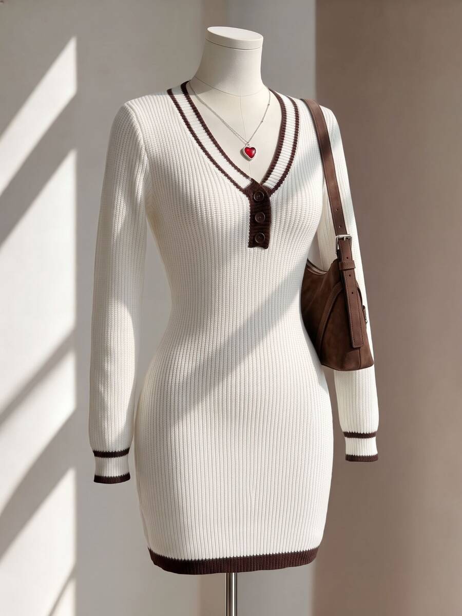 Sprig & Strand Women's Vintage Maillard Colorblock V-Neck Knit Dress, Slim Fit, Flattering, Long Sleeve, Ribbed Bodycon Mini Sweater Dress - Beige - View 1