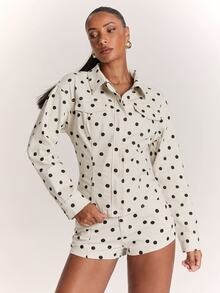 SHEIN BAE Women's Polka Dot Long Sleeve Denim Jacket And Shorts Casual Set - Black and White - View 5