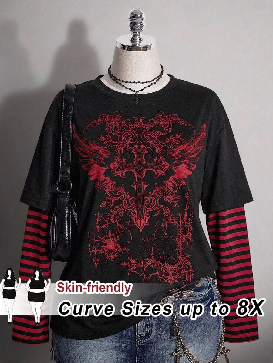 SHEIN CURVE+ تي شيرت مقاس كبير كاجوال خريفي مخطط مع رقعة وطبعة أجنحة 2 في 1 للهالوين والخريف - متعدد الألوان - مشاهدة 1