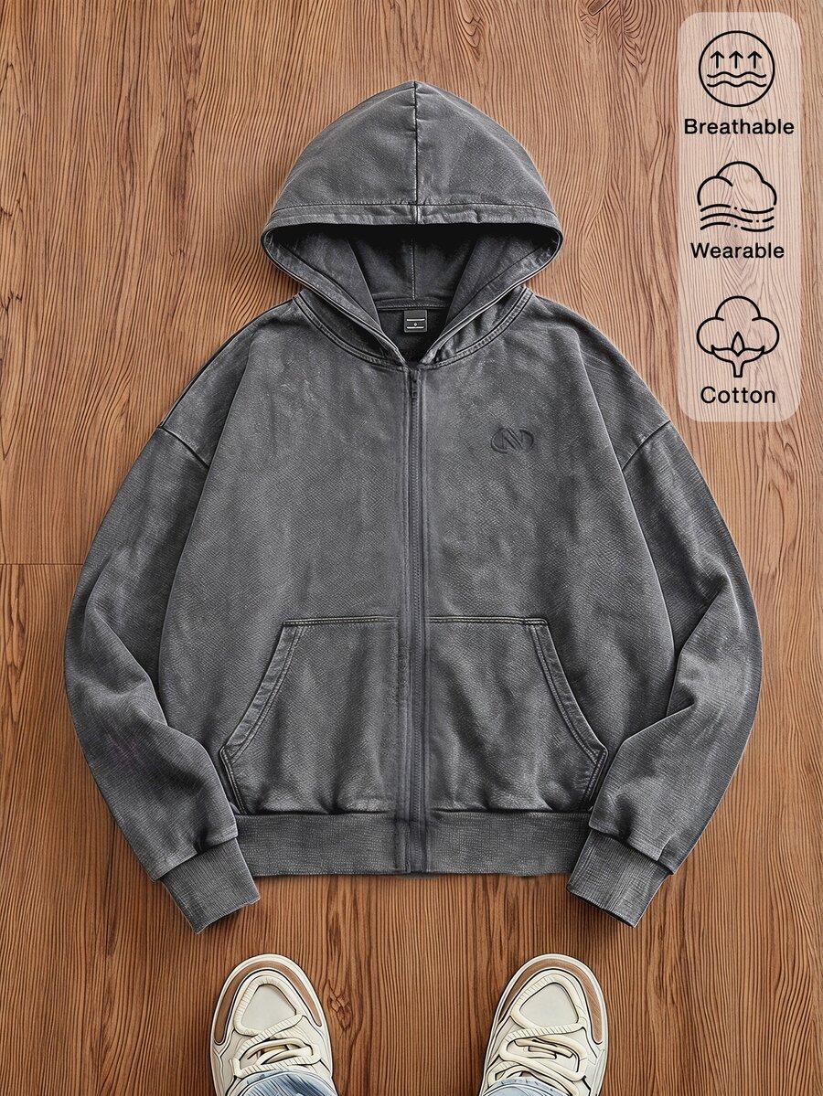 SWAVVY Men's Casual Loose Zip-Up Hoodie Sweatshirt, Spring/Autumn/Winter, Standard Size, Plain With Snowflake Pattern - Grey - View 1