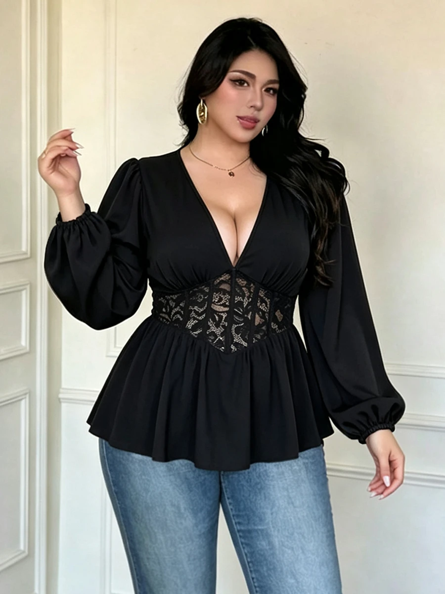 Vibekara Plus Size V-Neck Petal Sleeve Blouse, Lace Patchwork Waist Ruffle Hem, Slimming Sexy Short Shirt - Black - View 1