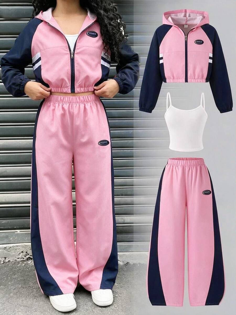 SHEIN 青少年女孩秋季套裝 3件/套,連帽長袖開襟短版拉鍊夾克,白色滾邊與織帶飾邊 - 彩色 - 查看 1