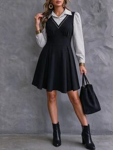 Ceyna Plus Size Women's French Casual Elegant Striped Patchwork Long Sleeve Dress, Autumn/Winter Fall - Black and White - View 4