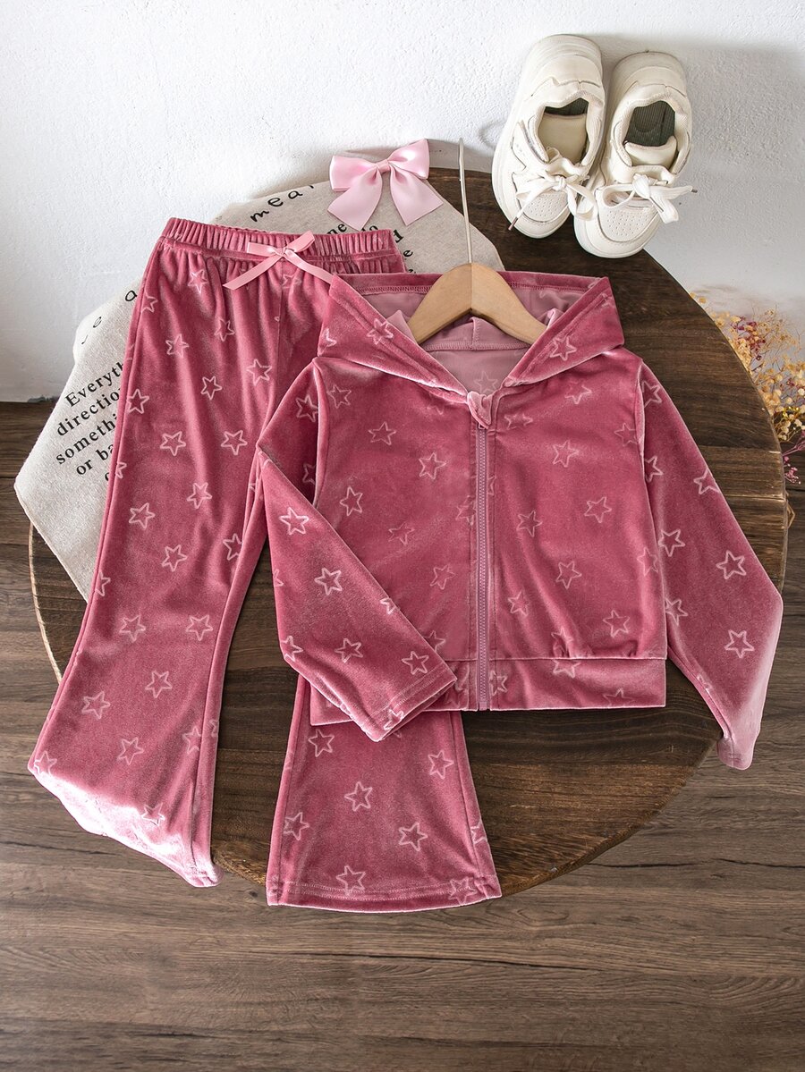 SHEIN Girls' Pink Star Embossed Outfit, Hooded Zip-Up Jacket With Matching Fabric Flared Pants, Suitable For Back To School, School, Daily Wear In Autumn/Winter, Complete Outfit For Effortless Girly Style - Pink - View 1
