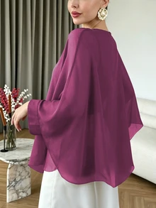 Modelyn 大尺碼女款不對稱下擺雪紡飄逸蝙蝠袖寬鬆上衣，可單穿或疊穿，優雅 - 中紫紅色 - 查看 2