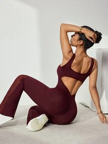 Slayform Women's Colorblock Back Cutout Sleeveless Flared Leg Jumpsuit - Burgundy - View 6