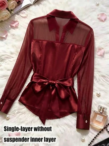 GlowEve Women's Solid Color Contrast Mesh Long Sleeve Fashion Elegant Blouse - Black and White - View 2