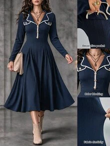 Ceyna Plus Size Women's French Casual Elegant Autumn/Winter Long Sleeve Dress Fall - Navy Blue - View 4