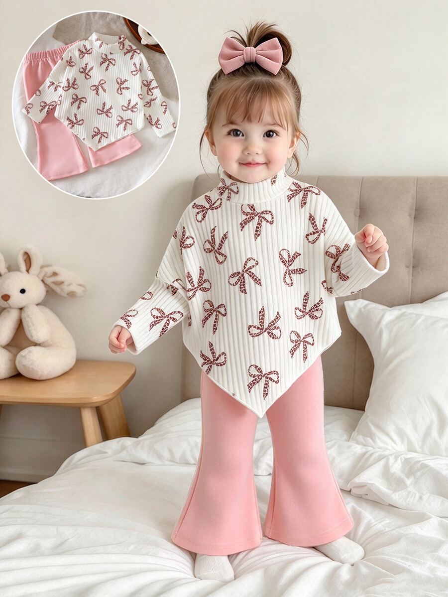 SHEIN Playful Pals 女嬰秋冬休閒T恤套裝,不對稱設計套頭高領針織歐式羅紋布料粉色豹紋蝴蝶結圖案長袖上衣,搭配粉色休閒喇叭長褲,2件套,適合秋冬返校季,女嬰優雅淑女高端日常校園出遊旅行派對聖誕穿搭 - 粉色 - 查看 1