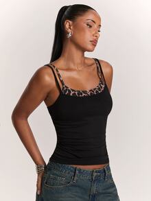 SHEIN BAE Women's Sexy Leopard Print Patchwork Black Camisole Tank Top - Multicolor - View 3