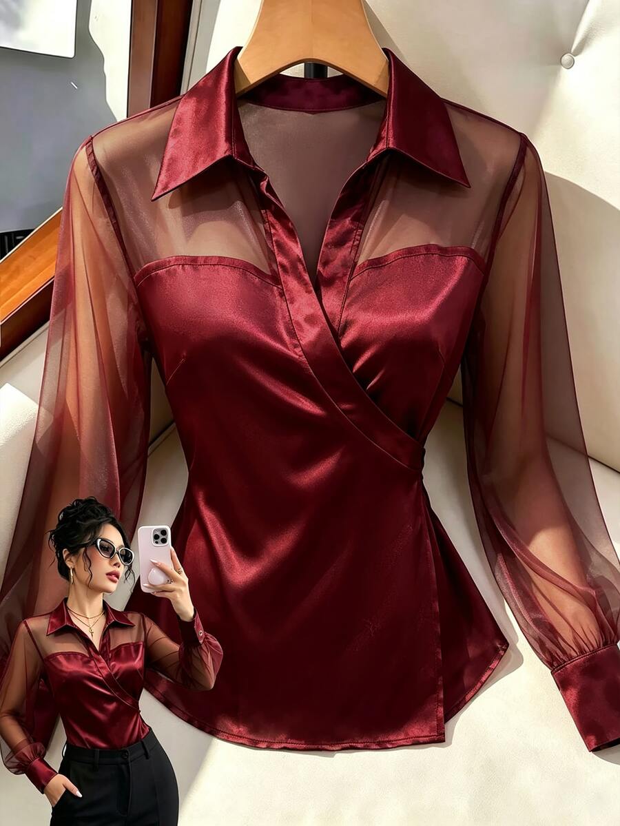 GlowEve 女款純色拼接網紗長袖時尚優雅襯衫 - 黑與白 - 查看 1