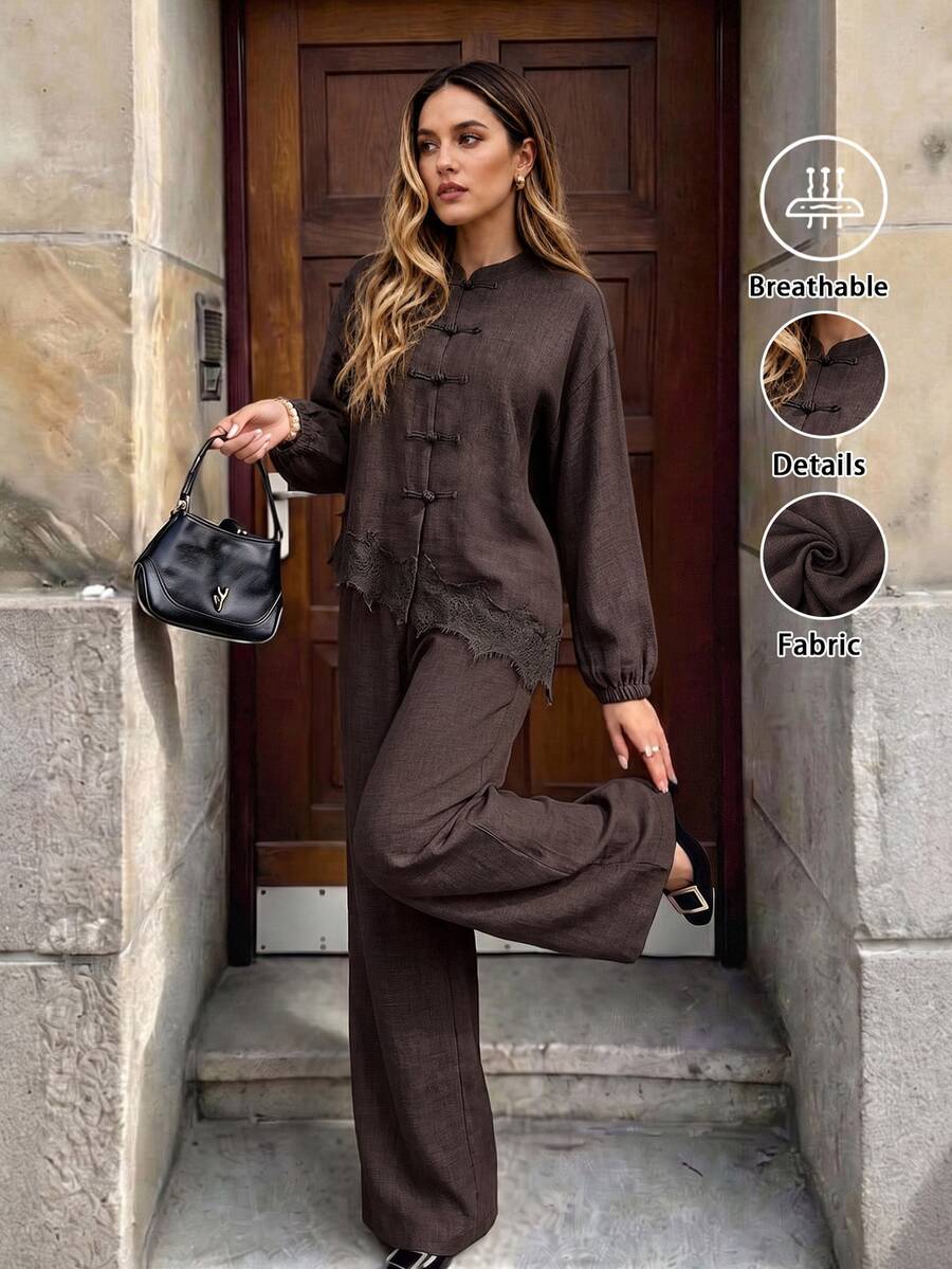 Selenza طقم نسائي جديد من قطعتين بأزرار ضفدع تقليدية، لون بني قهوة مع حافة دانتيل، مناسب لحفلات الشاي في الخريف/الشتاء، المواعدة، الحفلات، التنقل اليومي، والخروجات العادية - بني - مشاهدة 1