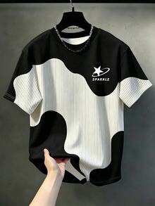 1件青少年男孩夏季上衣 幾何圖案拼接條紋設計 - 白色 - 查看 6