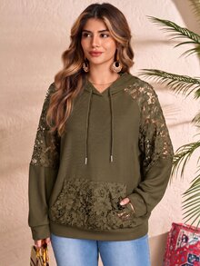 Rusticease Sweatshirt Ukuran Besar Warna Polos dengan Patchwork Renda untuk Musim Gugur, Acara Malam Formal, Pesta Malam, Kasual Elegan, Warna Hitam, Cocok untuk Halloween - Olive Green - View 8