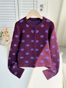 Tween Girl Polka Dot Long Sleeve Single-Breasted Casual Knit Cardigan - Multicolor - View 3