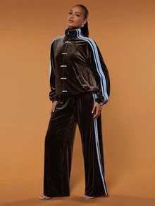 Hauture Women's Sexy Casual Velvet Pankou Button Color Blocked Woven Ribbon Front Zip-Up Jacket - Brown - View 3