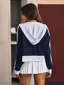 CourtClass Women's Colorblock Side Stripe Zipper Placket Drawstring Hooded Sports Sweatshirt - Multicolor - View 2