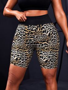 Slayform Plus Size Women's Leopard Print Yoga Fitness Shorts - Black - View 3
