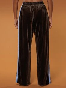 Hauture Women's Sexy Casual Velvet Color Blocked Woven Ribbon Wide Leg Long Pants - Brown - View 5