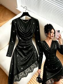 GlowEve Women's Solid Color Cowl Neck Sequin Contrast Lace Asymmetric Hem Elegant Midi Dress - Black - View 1